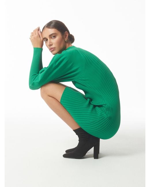 Sour Figs Green Funnel Neck Puff Sleeve Jumper Dress