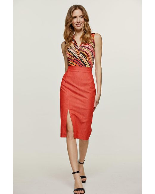 Conquista Red Denim Style Pencil Skirt
