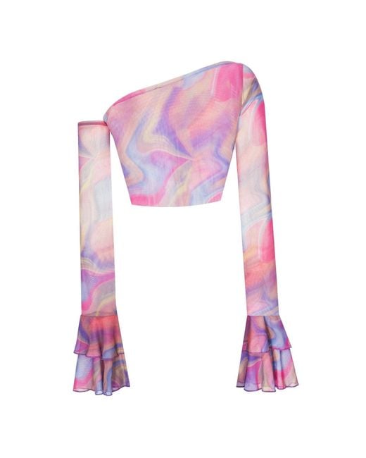 No'design Pink Sheer Crop Top With Ruffled Sleeves