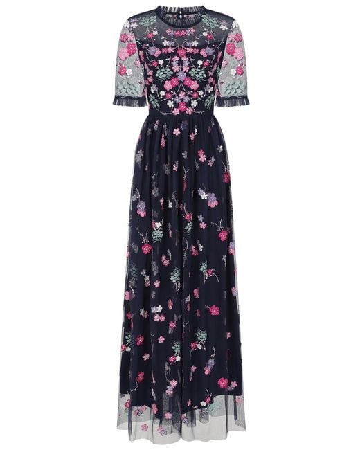 Frock and Frill Blue Coraline Floral Embroidered Maxi Dress
