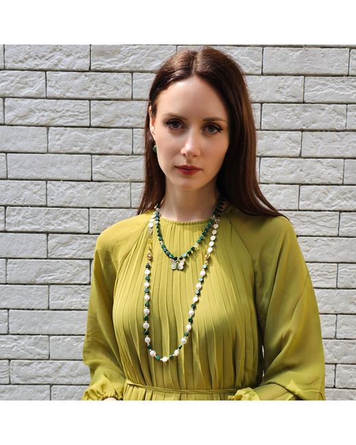 Farra Metallic Coin Shaped Malachite And Freshwater Pearls With Flower Chain Versatile Necklace
