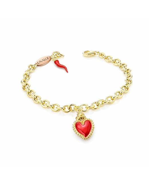 Unaloe Metallic Handcrafted Plated Bracelet With Enamel Heart And Italian Horn Cornicello – Protection Jewelry For