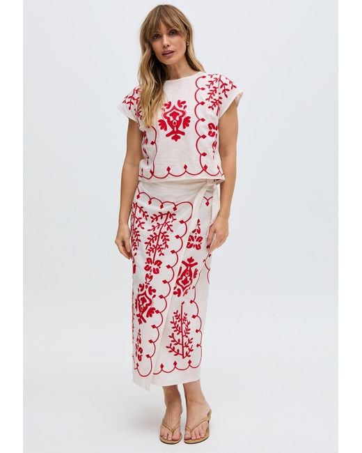 Raffya Fraya Cross Hatch Embroidered Wrap Midi Skirt