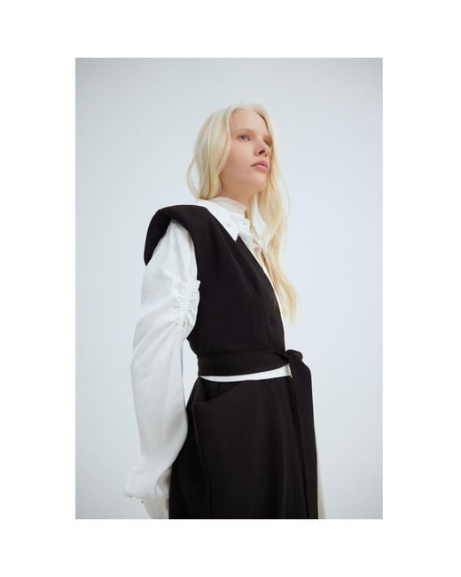 Julia Allert Black Neutrals Fashion Midi Dress With Belt And Bold Shoulders – & Ivory