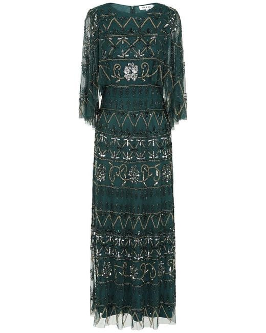 Frock and Frill Green Mahonia Rainforest Embellished Cape Sleeve Midaxi Dress