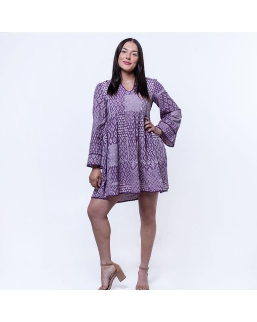 House of Gl Purple Liora Hand-Block Printed Cotton Bell Sleeve Mini Dress With Lace Detail