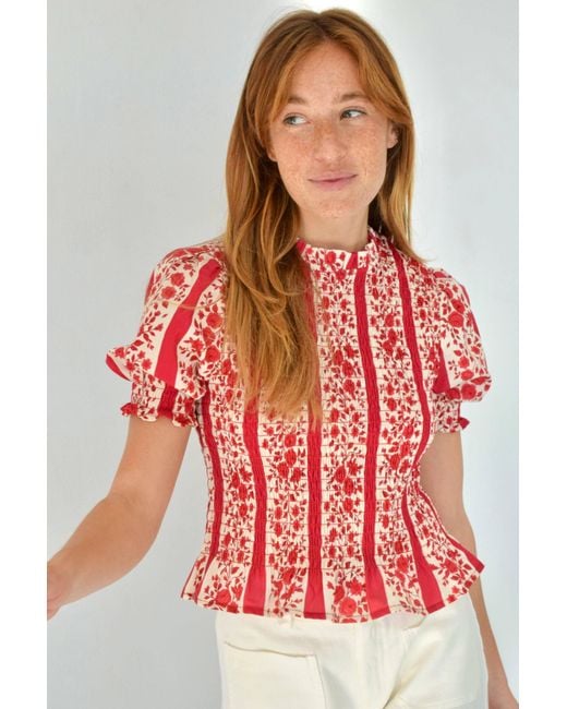 Mind Traveler Red Chia Floral Short-Sleeved Blouse