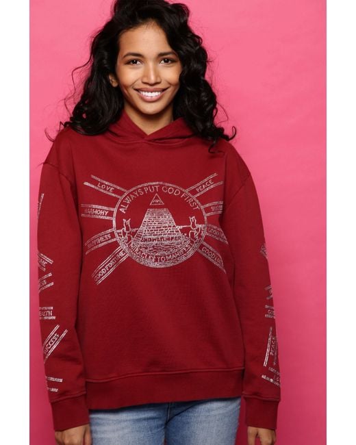 Miracles Manifester Red God First Affirmation Hoodie With Rhinestone Design