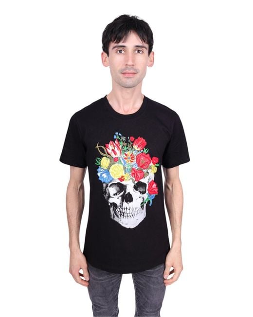 Any Old Iron Black Skull Bouquet Embroidered T-Shirt for men