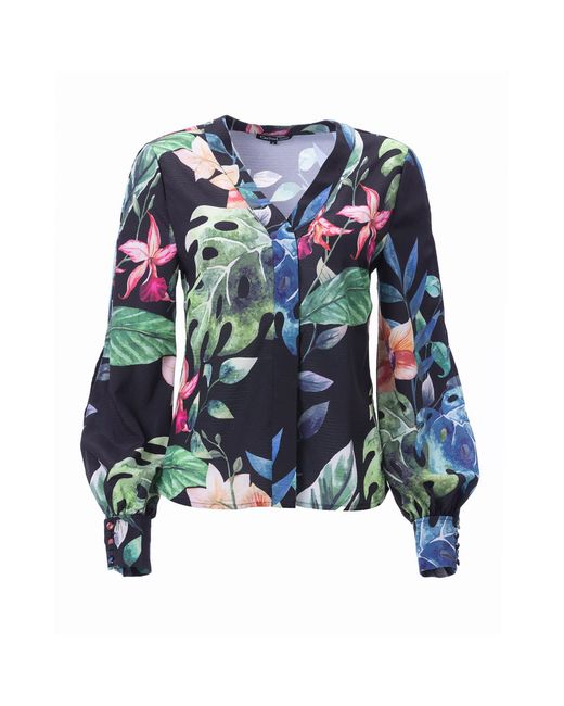 Carloslines Blue V-Neck Bar Tack Long Sleeve Blouse