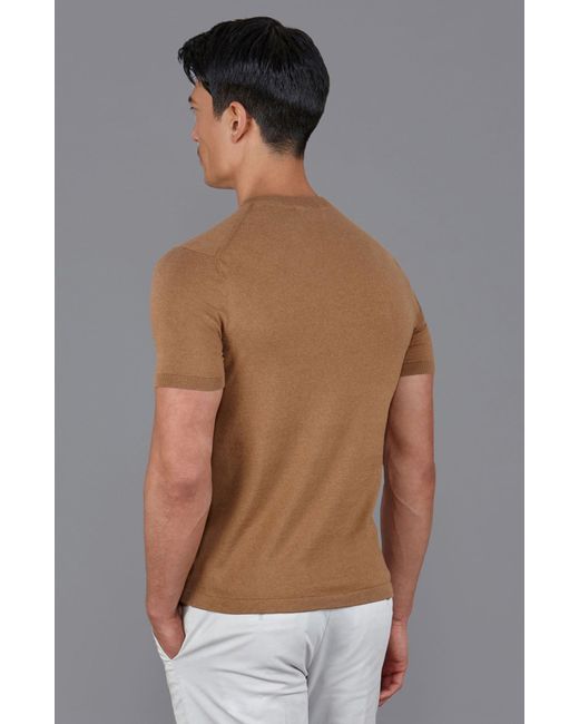 Paul James Knitwear Brown Ultra Fine Cotton Hudson High V Neck Knitted T-Shirt for men