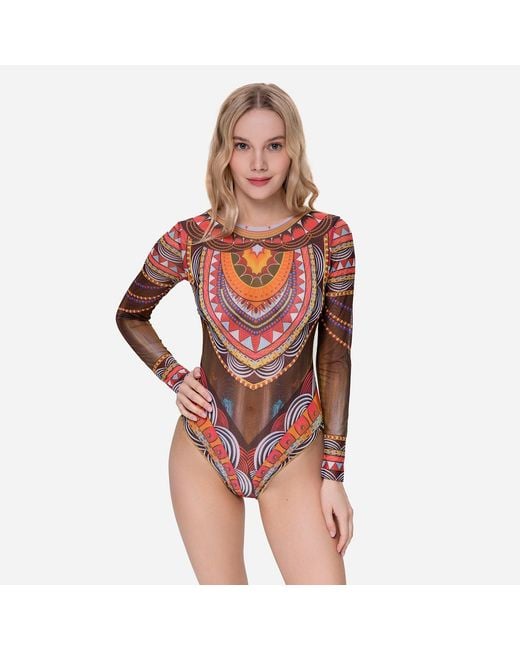 Rodasoleil Smart Swimwear Brown Tan-Through Mesh One-Piece Swimsuit With Sleeves Africa