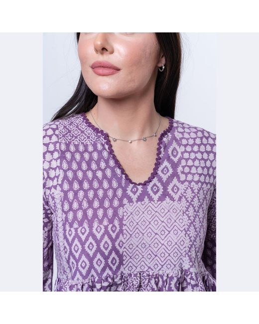 House of Gl Purple Liora Hand-Block Printed Cotton Bell Sleeve Mini Dress With Lace Detail