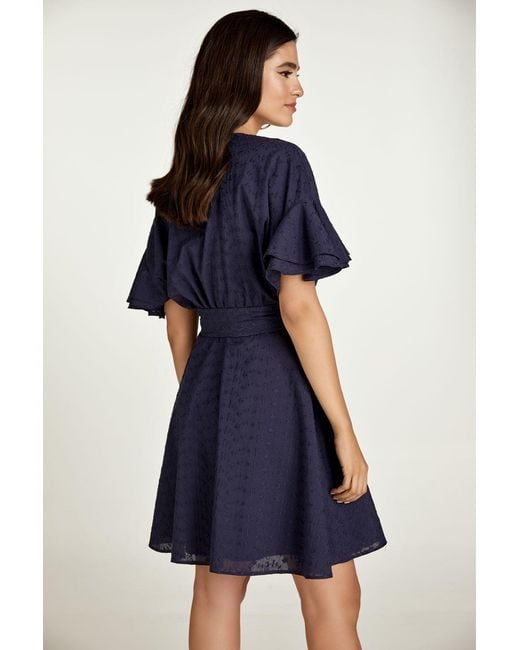 Conquista Blue Dark Embroidered Dress With Ruffle Sleeves