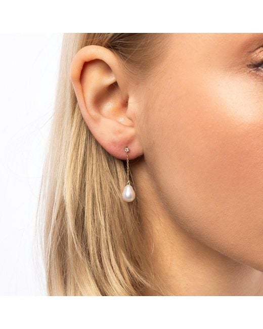 Spero London White Diamond Drop Real Pearl Fine Earrings 14Ct Solid
