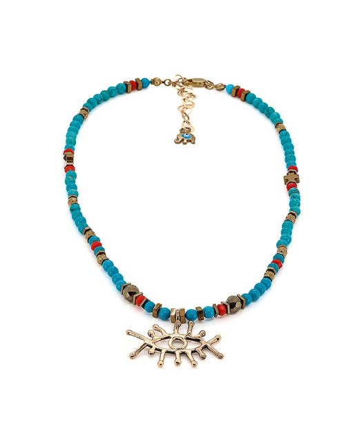 Ebru Jewelry Metallic Guardian Evil Eye Pendant Stone Beaded Necklace