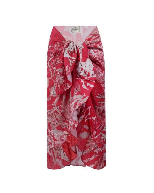 LOVEIST STORE Red Coral Print Frilly Pareo Sarong