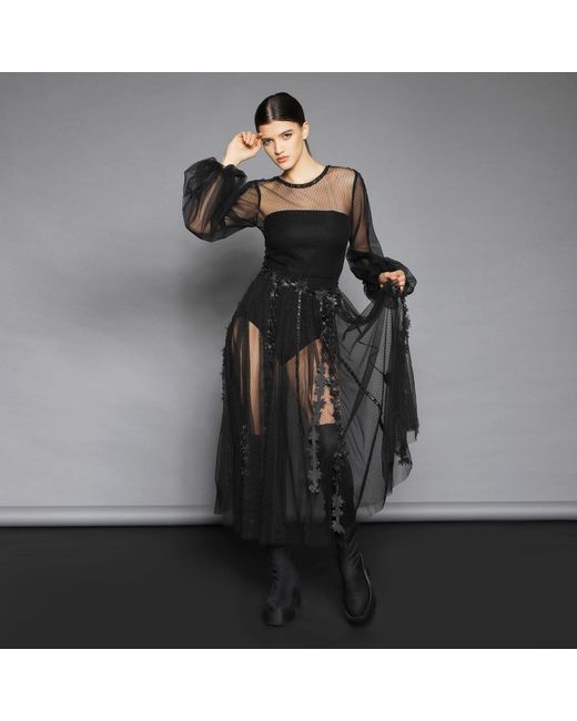 Silvia Serban Black Textured Tulle Fit-And-Flare Dress With Volumetric Appliqués