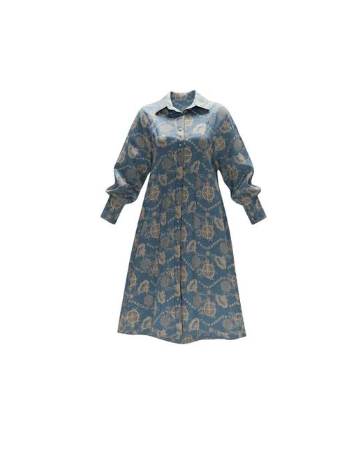 IZABELA MANDOIU Blue Embroidered Shirt Dress With Adjustable Back Tie –