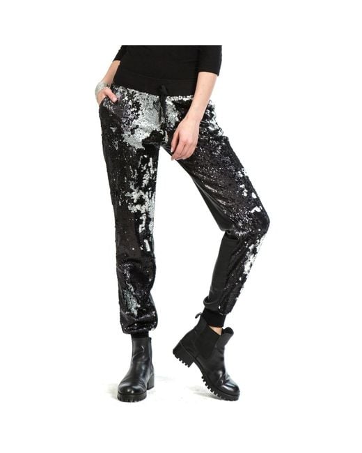 Lalipop Design Double-sided Sequined Black Faux Leather Track Pants