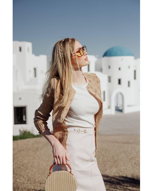 Rave on Trend Natural Ruched Button-Down Top