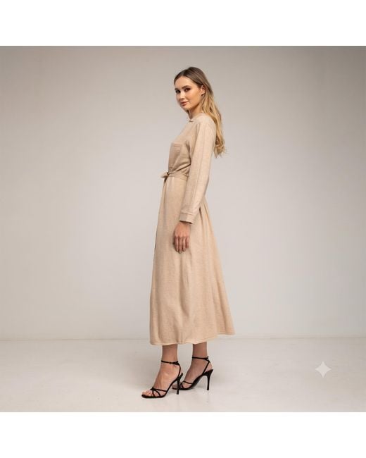 Tantra Spain Sl Natural Neutrals Long Knit Shirt Dress With Chest Pockets And Belt