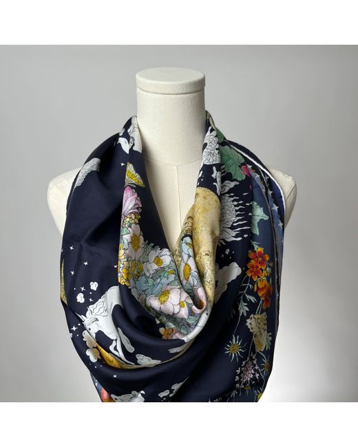Wenzi Blue Moonlit Menagerie Hand Painted Mulberry Silk Square Scarf