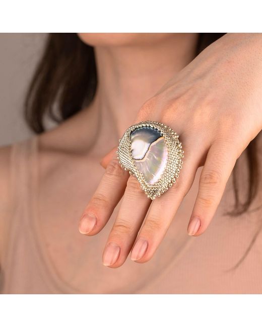 Oana Savu White Beaded Nautilus Seashell Shell Ring Adjustable Sterling