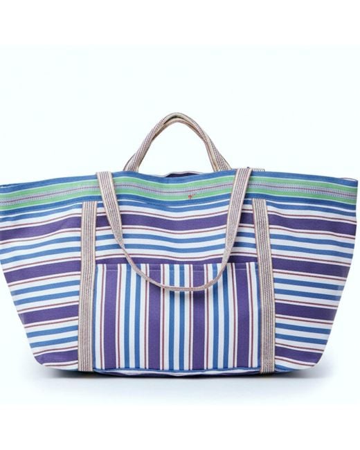 La Mandarine Blue Beach Bag, Xl Size, Colourful Striped Weekender Bag, Tote, Shopper, Recycled Nylon