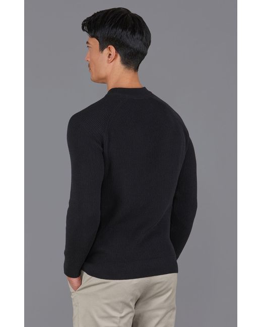 Paul James Knitwear Black Lightweight Cotton Brett Ribbed Crew Neck Jumper for men