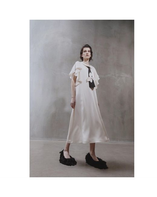 Julia Allert White Neutrals Double-Layer Satin Midi Dress With Tie Detail – Ivory