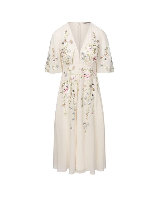Hope and Ivy Natural The Fleur Plunge Button Front Embroidered Dress With Flutter Sleeve