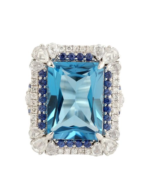 Artisan Blue Topaz Sapphire Diamond 18k Gold Statement Rings