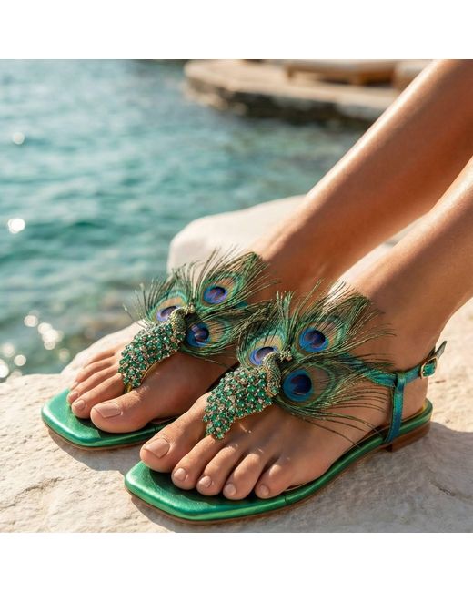 Sibylla Delphica Green Argus & Hera -Peacock Feathers Jeweled Leather Sandals