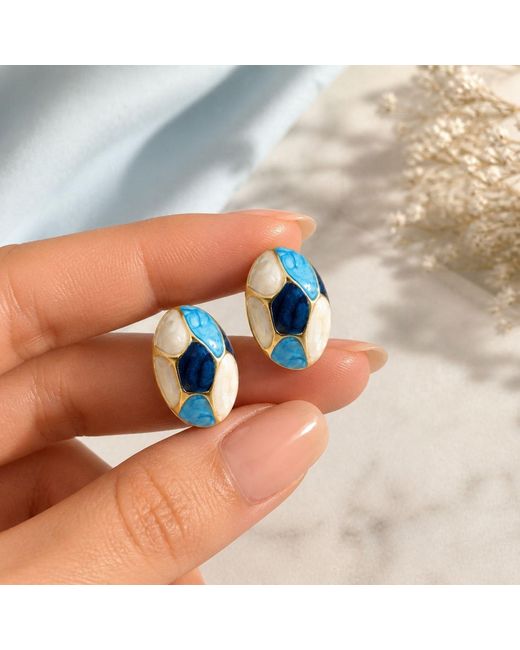 Nuvv Collection Blue Mosaic Enamel Stud Earrings – Plated Statement Piece