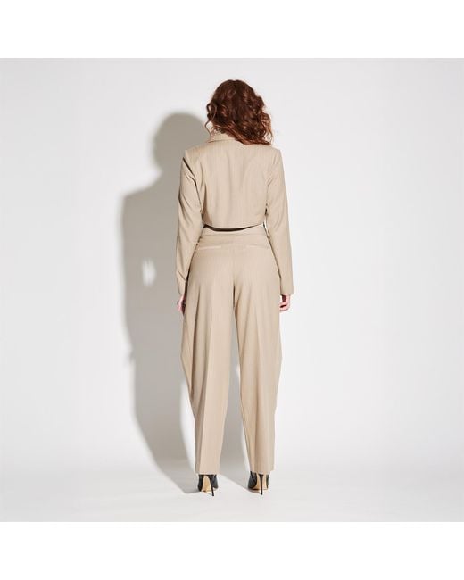 Circular Path Natural Neutrals Asymmetric Crop Pinstripe Blazer