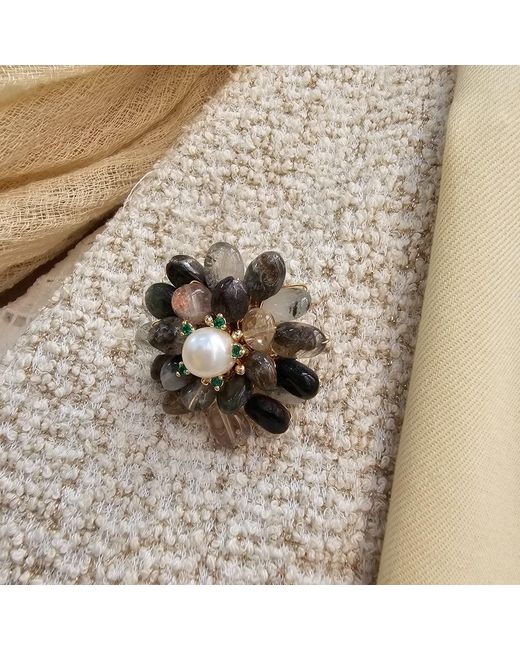 Farra Black Phantom Quartz Floral Brooch