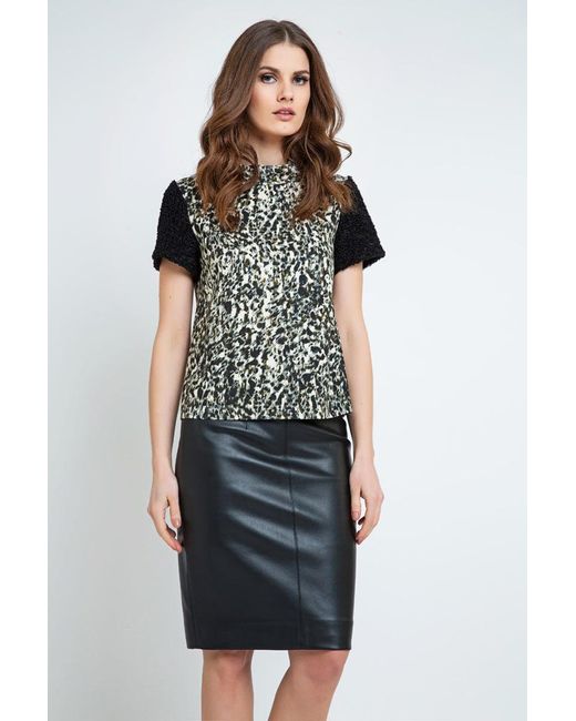 Conquista Black Straight Top With Animal Print Detail