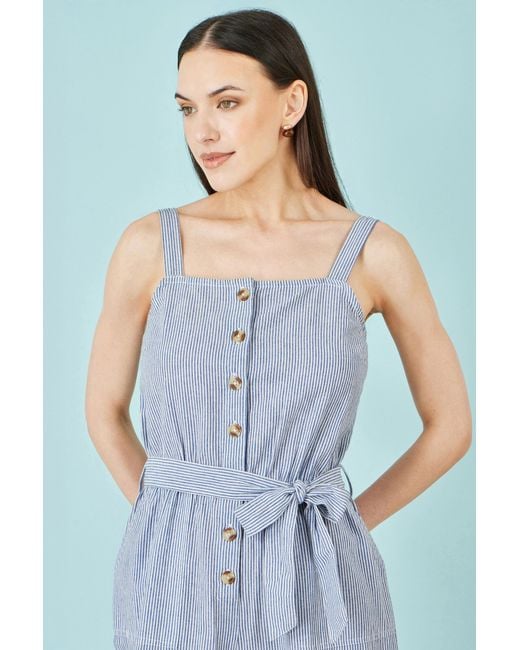 Yumi' Blue Cotton Stripe Button Through Jumpsuit