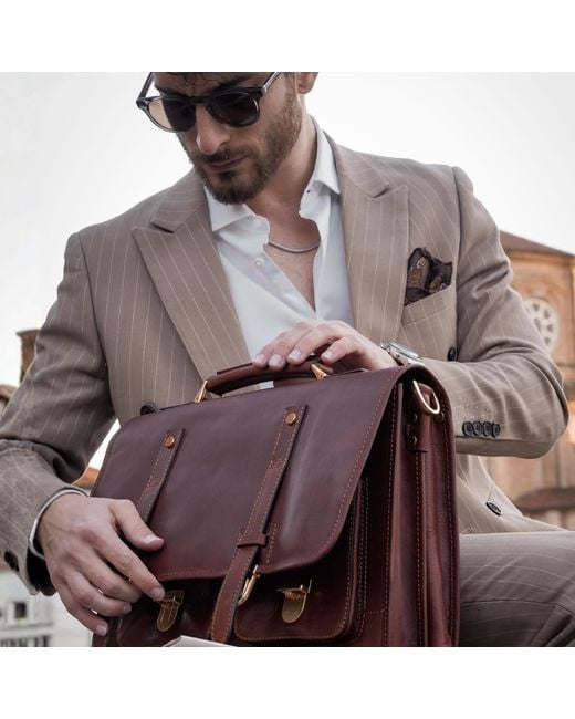 Time Resistance Brown Leather Briefcase Backpack Coganc Matte for men