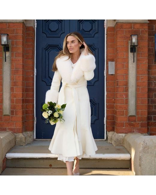 Hortons England White Westminster Cashmere Peplum Coat Faux Fur Ivory