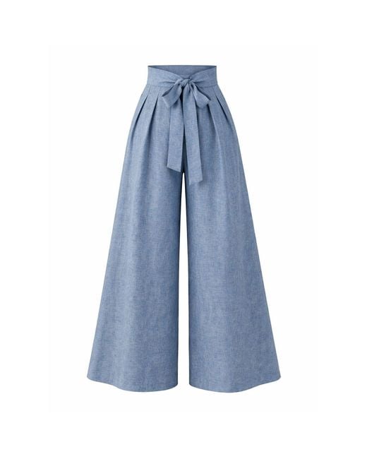Nikka Place Blue Wide Leg Baggy Linen Pants With High Waist And Front Tie