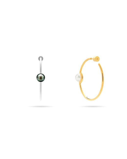 Meulien Metallic Slender Hoop Earrings With Perched Freshwater Pearl