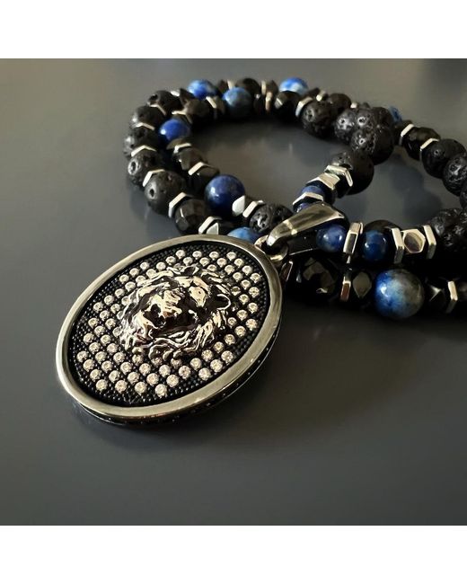 Ebru Jewelry Metallic Powerful Silver Black Lion Necklace for men
