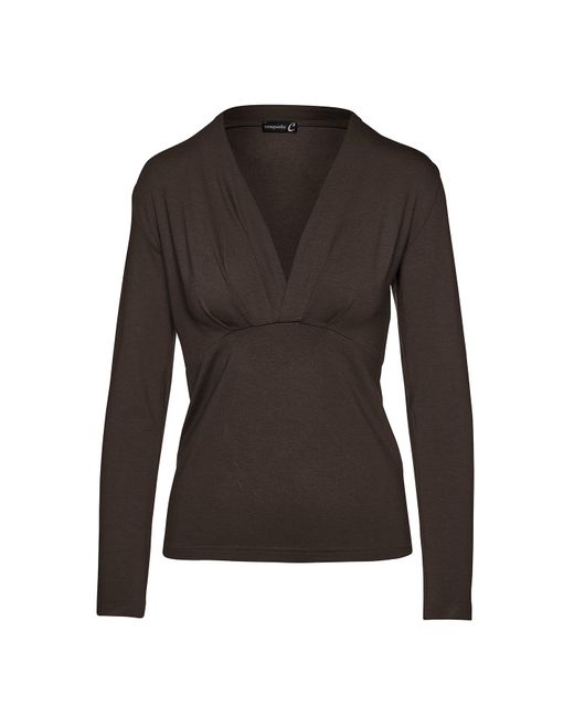 Conquista Black Long Sleeve Faux Wrap Top In Stretch Jersey Sustainable Fabric