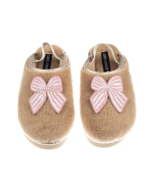 Laines London Brown Neutrals Flatform Cloud Closed Toe Slippers With Stripe Bow Brooches