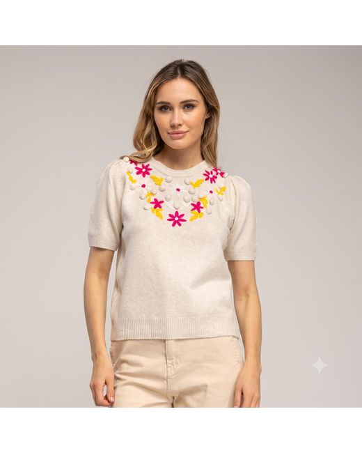 Tantra Spain Sl Pink Neutrals Short-Sleeved Sweater With Embroidered Flowers