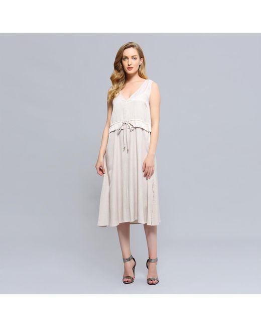 Smart and Joy Natural V-Neckline Adjustable Waist Midi Dress