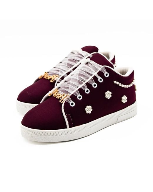 Rettrose Red Maria Luxury Plum Lyrca Handmade Embellished Tennis Shoe