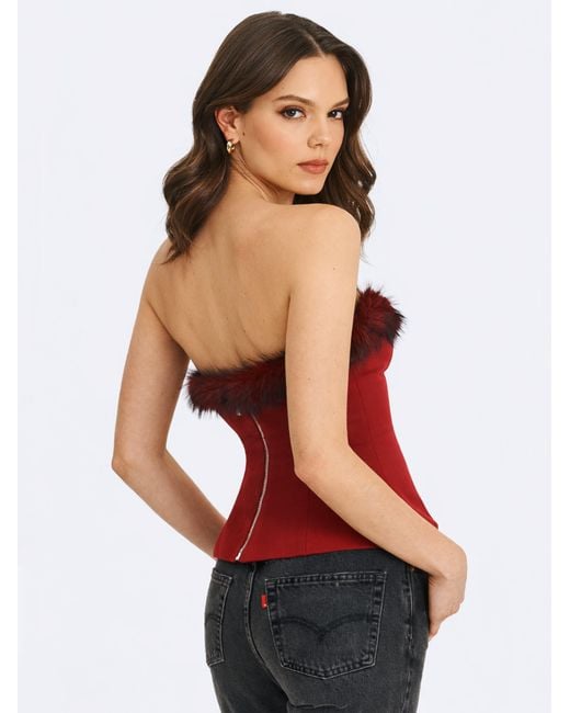 Miss Circle New York Red Ivette Crimson Fur-Trimmed Peplum Top